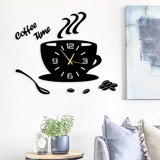 3D Wooden Coffee Cup with Coffee Beans and spoon Home Wall Clock